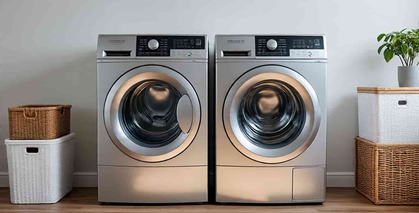 Modern washing machine in a bright laundry room